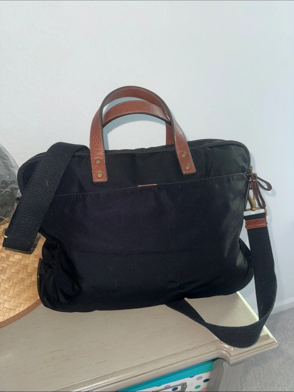Black Nylon Briefcase with Brown Leather Handles